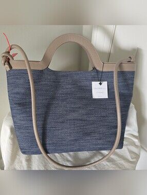 Brand New FALOR Blue Canvas/Denim Tote with Beige Leather Trim, made in Italy